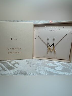 New LC Lauren Conrad Two-Tone Gold Initial M Necklace with Pearl Studs